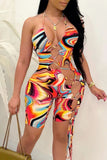 Sexy Print Hollowed Out Split Joint Frenulum Backless Halter Skinny Jumpsuits