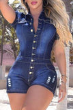 Casual Solid Patchwork Buttons Turndown Collar Short Sleeve Skinny Denim Jumpsuits