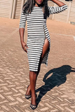 Casual Striped High Opening O Neck Pencil Skirt Dresses