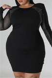 Casual Patchwork Hot Drilling See-through O Neck Long Sleeve Plus Size Dresses