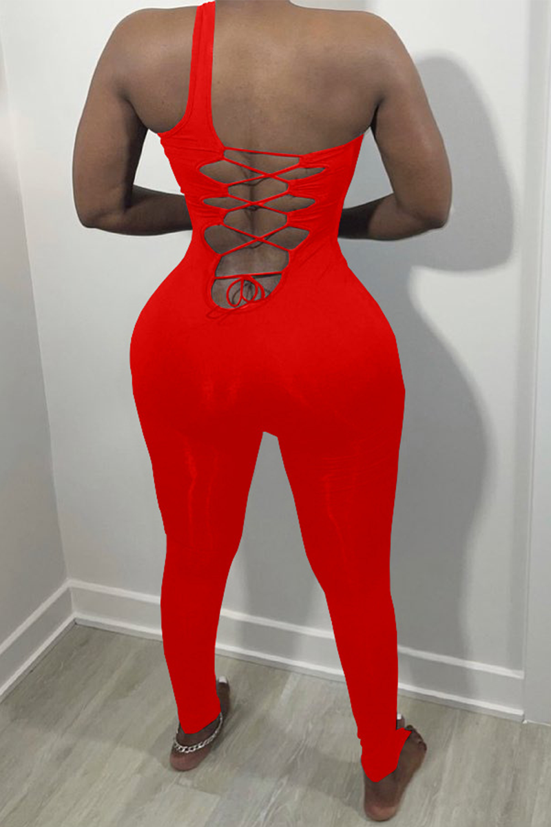 Sexy Solid Hollowed Out One Shoulder Skinny Jumpsuits