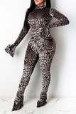 Sexy Leopard Hollowed Out Half A Turtleneck Skinny Jumpsuits