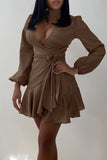Casual Sweet Solid Split Joint Knotted Asymmetrical V Neck A Line Dresses