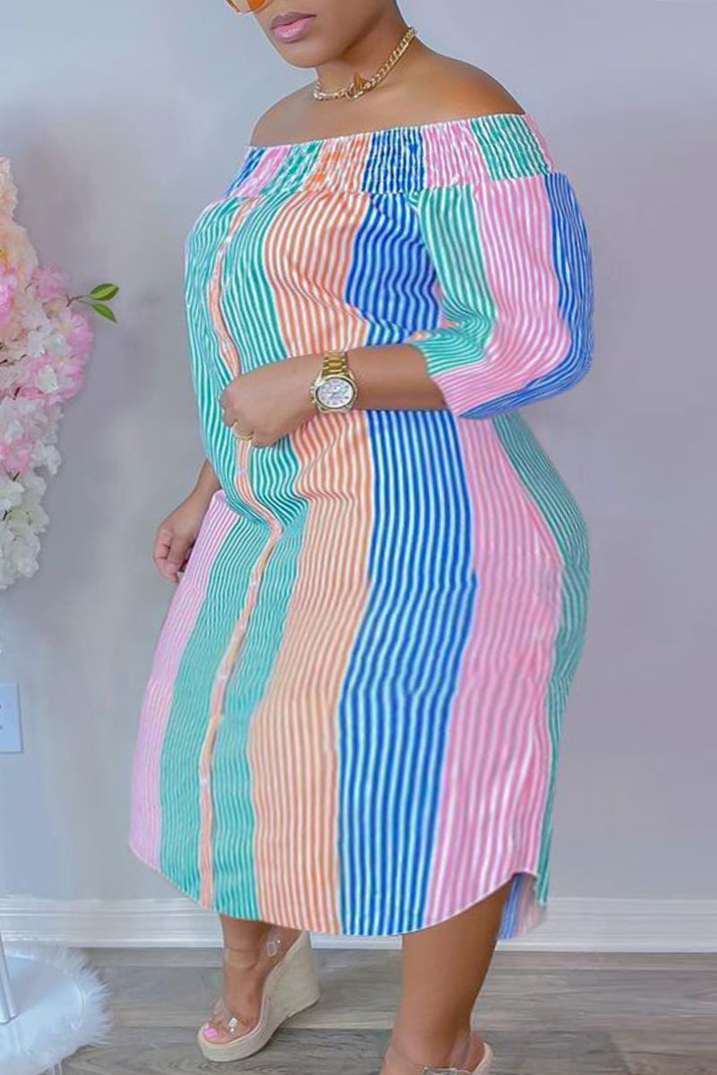 Fashion Casual Plus Size Striped Print Backless Off the Shoulder Long Dress