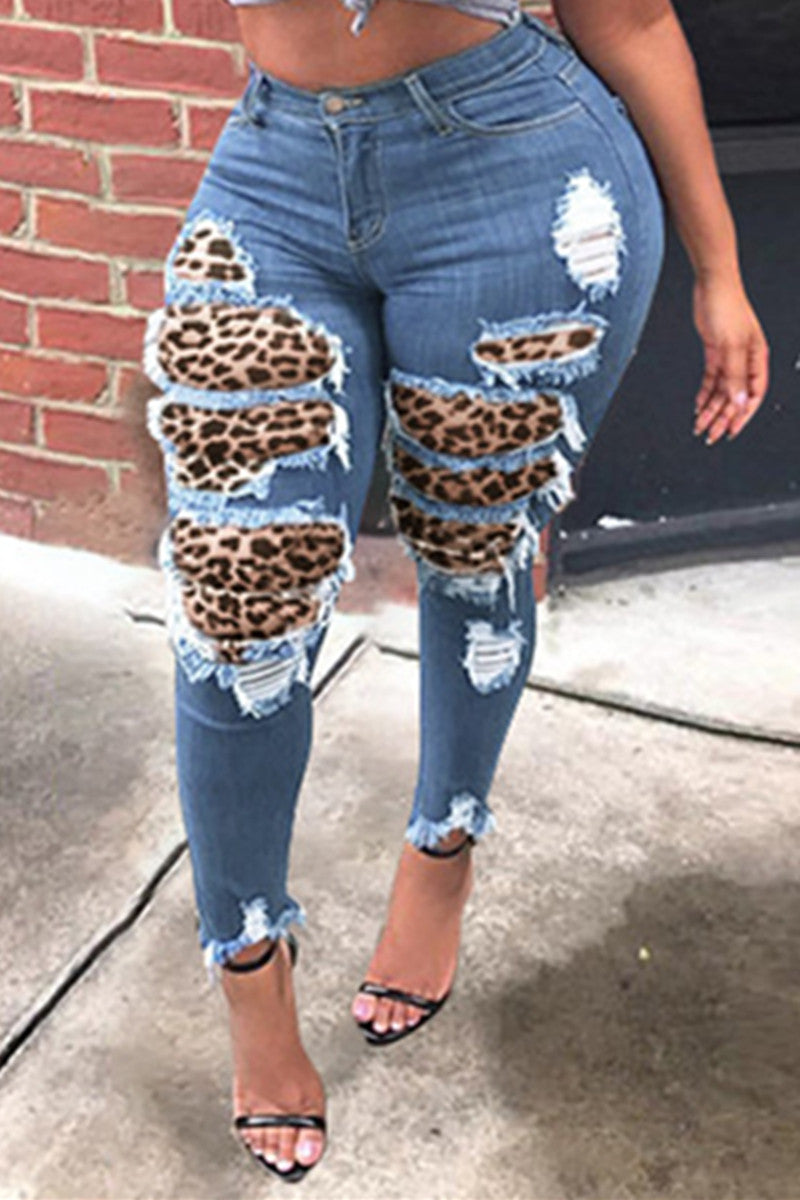 Fashion Casual Leopard Split Joint Plus Size Jeans