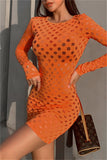 Fashion Sexy Solid Hollowed Out See-through O Neck Long Sleeve Dresses