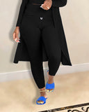 3PCS Ribbed Cami Top & Pants Set With Longline Coat