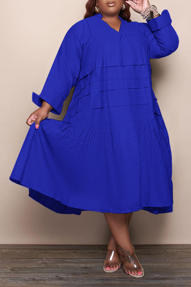 Casual Solid Flounce V Neck Cake Skirt Plus Size Dresses