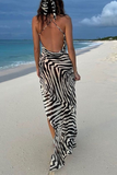 Vacation Zebra Print High Opening Halter Trumpet Mermaid Dresses