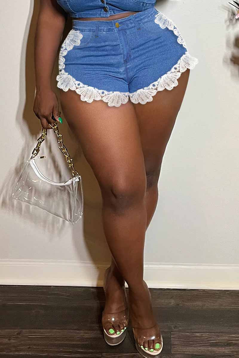 Fashion Casual Solid Lace Split Joint High Waist Conventional Patchwork Plus Size Denim Shorts