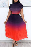 Fashion Casual Gradual Change Print O Neck Pleated Skirt Plus Size Two Pieces