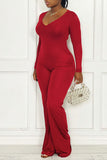 Casual Solid Split Joint V Neck Straight Jumpsuits(Without Belt)
