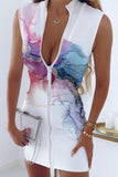 Casual Print Solid Patchwork Zipper Collar Sleeveless Dress Dresses