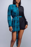 Casual Plaid Print Split Joint Buckle With Belt Turndown Collar Tops
