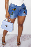 Fashion Casual Butterfly Print Basic Skinny High Waist Plus Size Denim Shorts