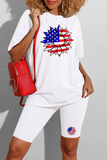 Casual Print American Flag Split Joint O Neck Short Sleeve Two Pieces