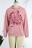 Casual Cute Print Draw String Pocket Hooded Collar Tops