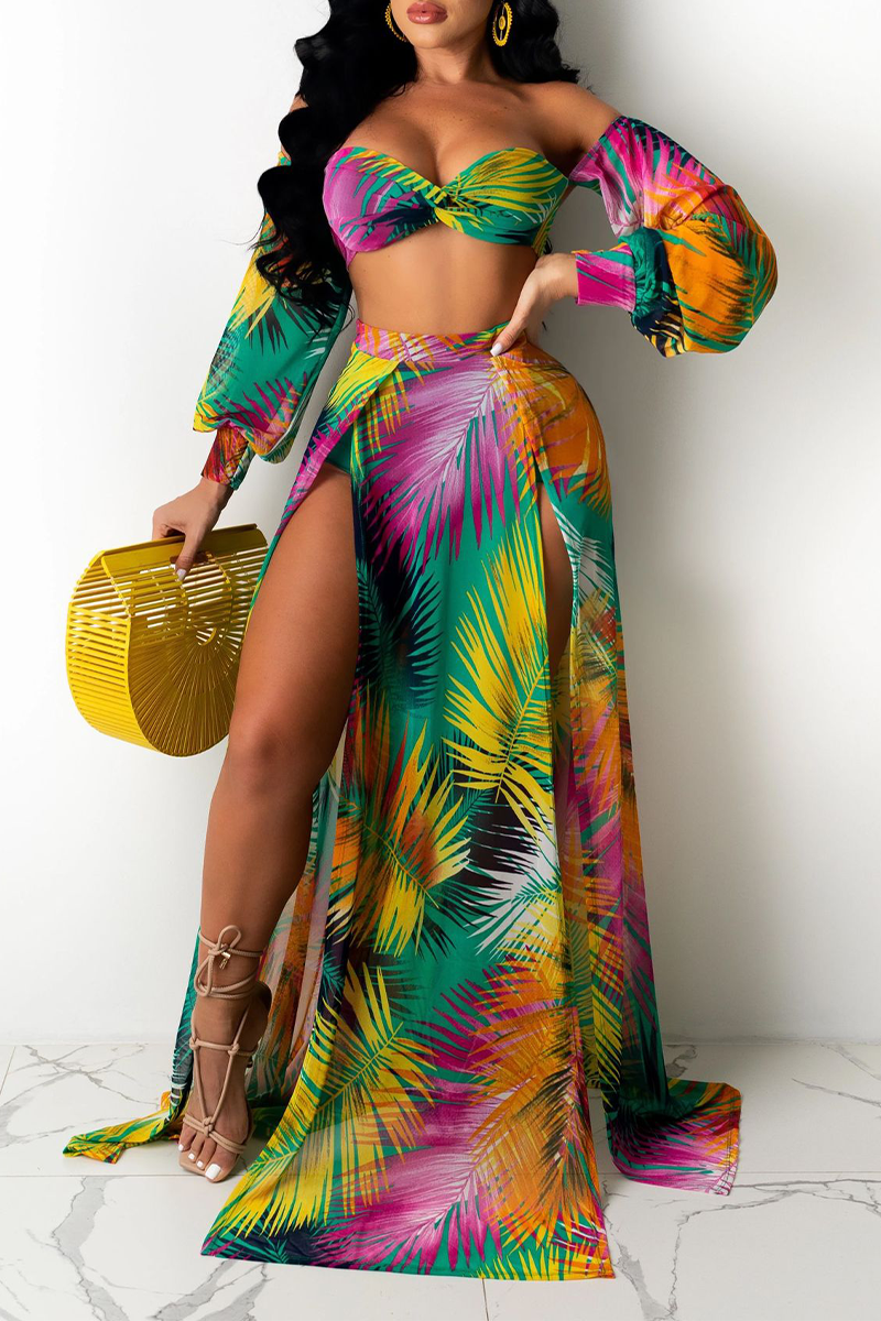 Sexy Print Split Joint Strapless Long Sleeve Two Pieces