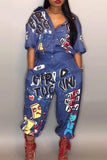 Casual Street Print Patchwork Pocket Buckle Turndown Collar Plus Size Jumpsuits