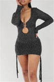 Fashion Sexy Solid Bandage Hollowed Out V Neck Long Sleeve Dresses