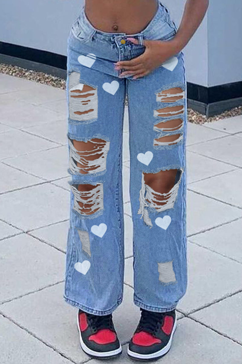 Fashion Casual Print Ripped Plus Size Jeans