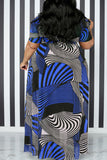 Fashion Print Patchwork Slit Asymmetrical O Neck A Line Plus Size Dresses