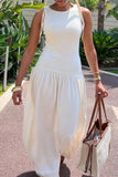 Elegant Vacation Simplicity Plain Fold O Neck Long Dress Dresses