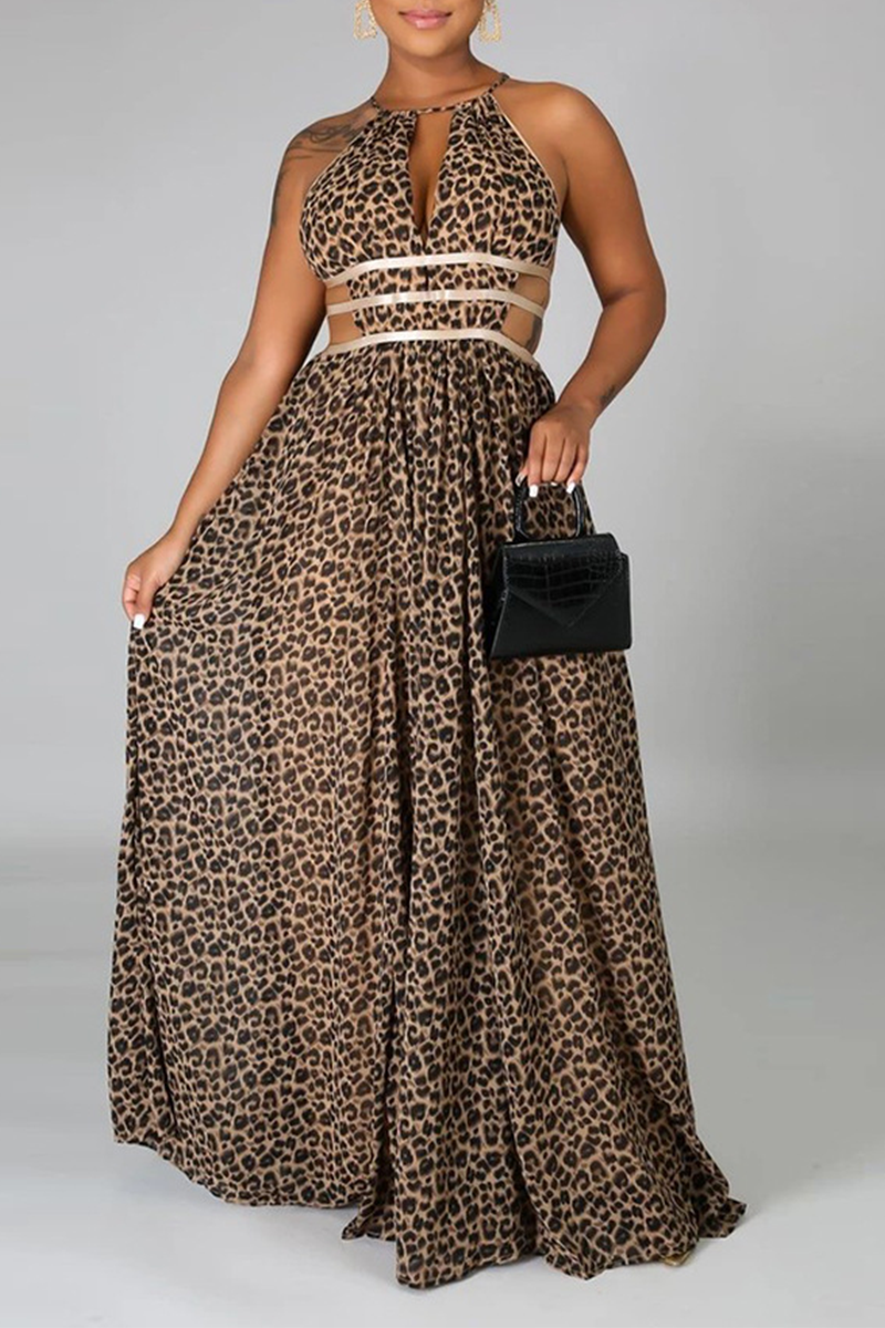 Sexy Leopard Split Joint Halter Cake Skirt Dresses