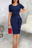 Casual Solid Split Joint Flounce O Neck One Step Skirt Dresses