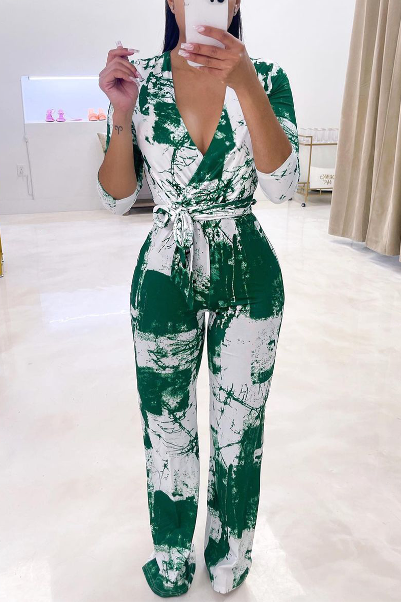Casual Patchwork Tie-dye V Neck Straight Jumpsuits