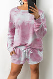 Casual Print Tie Dye Split Joint O Neck Long Sleeve Two Pieces