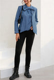 Casual Solid Patchwork With Bow O Neck Long Sleeve Regular Denim Tops
