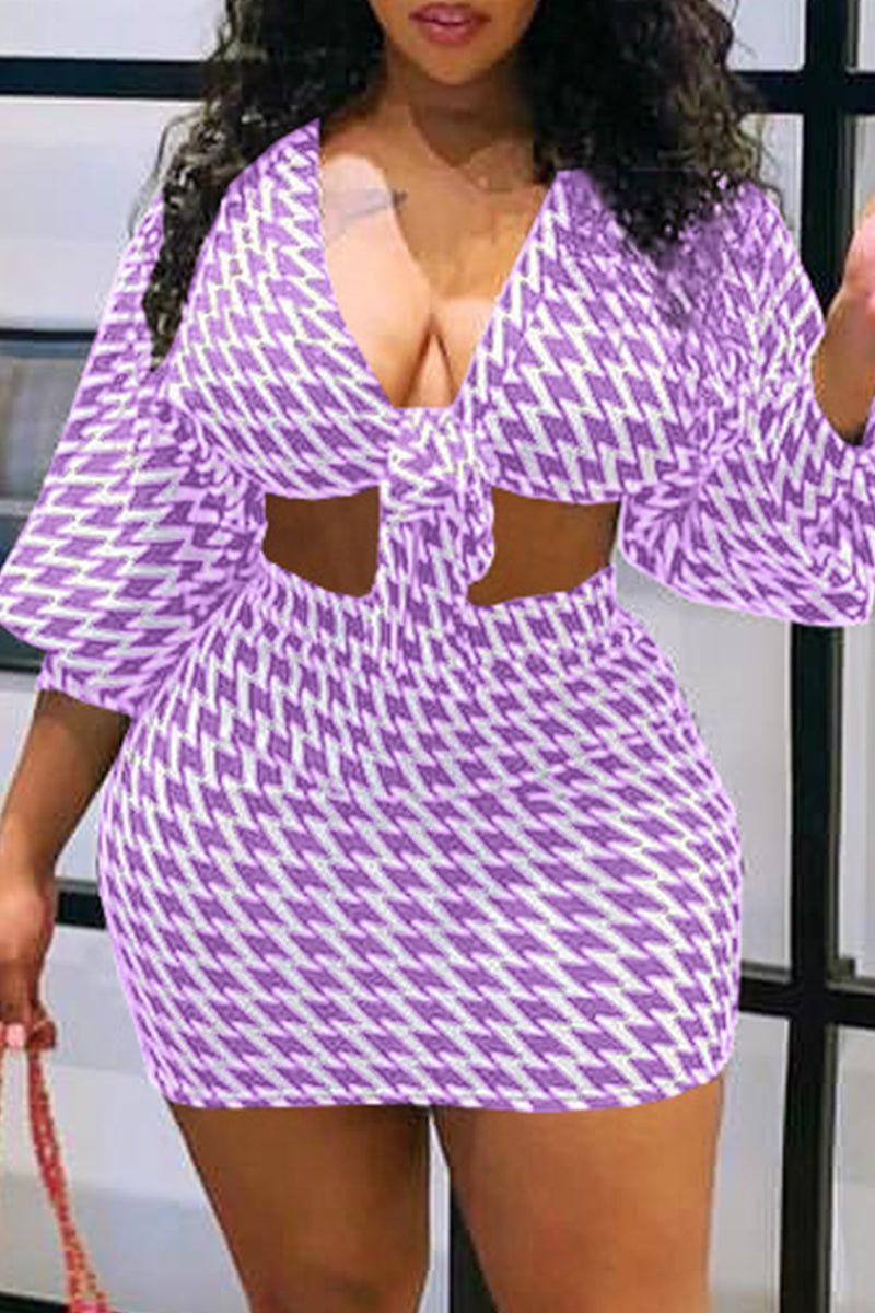 Sexy Casual Print Bandage V Neck Plus Size Two Pieces