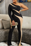 Casual Patchwork Backless Contrast Oblique Collar Skinny Jumpsuits