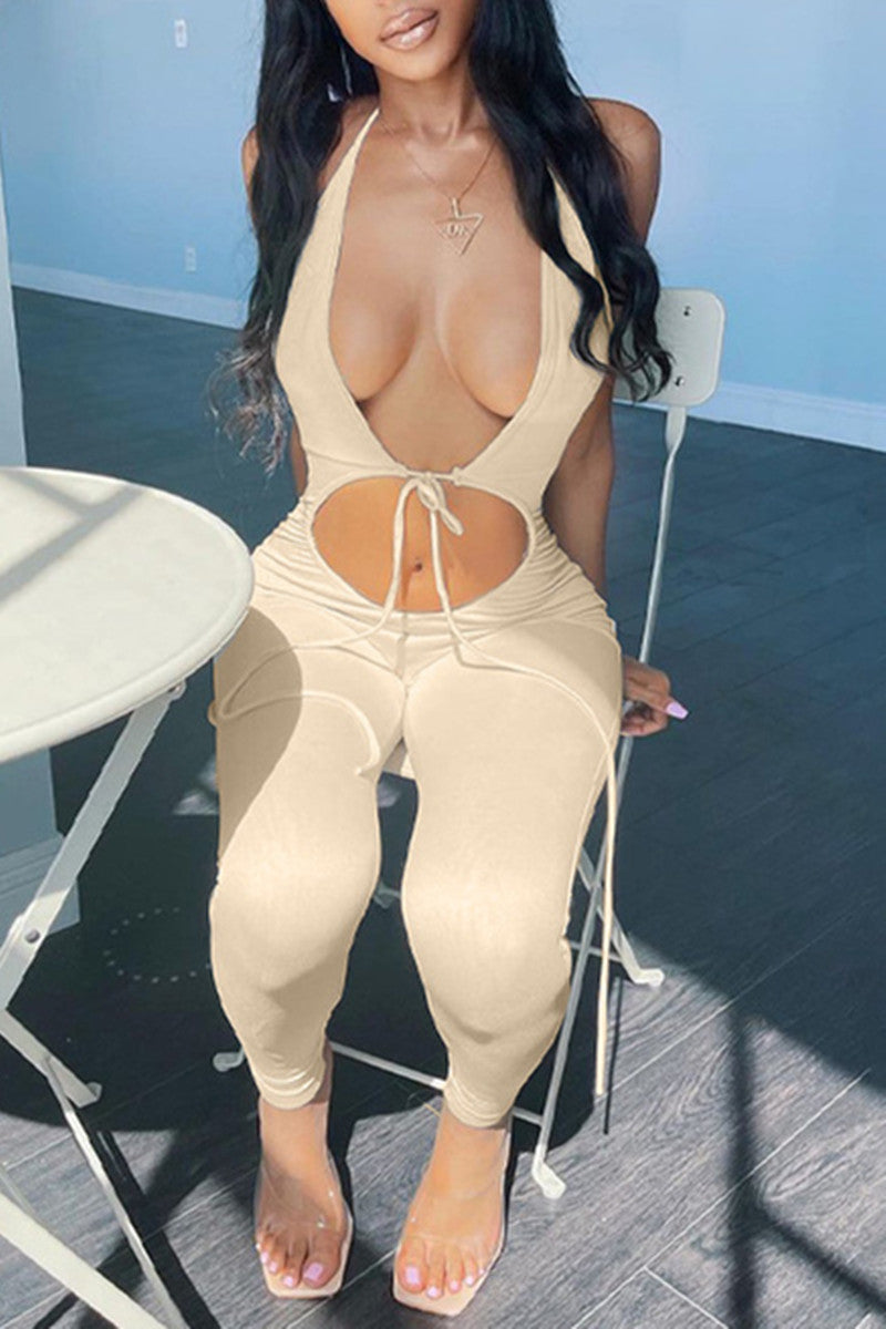 Sexy Casual Solid Bandage Hollowed Out Backless Halter Skinny Jumpsuits