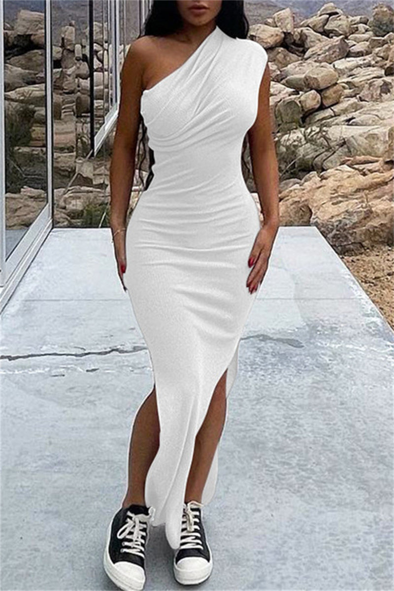 Fashion Sexy Solid Slit Oblique Collar Long Dress