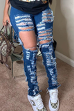Street Solid Ripped Mid Waist Skinny Denim Jeans