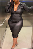 Fashion Sexy Plus Size Solid Split Joint Zipper Collar Long Sleeve Dresses