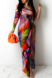 Fashion Sexy Print Backless Slit Oblique Collar Long Sleeve Dresses