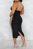 Sexy Solid Hollowed Out Split Joint Backless Slit Spaghetti Strap Sleeveless Dress