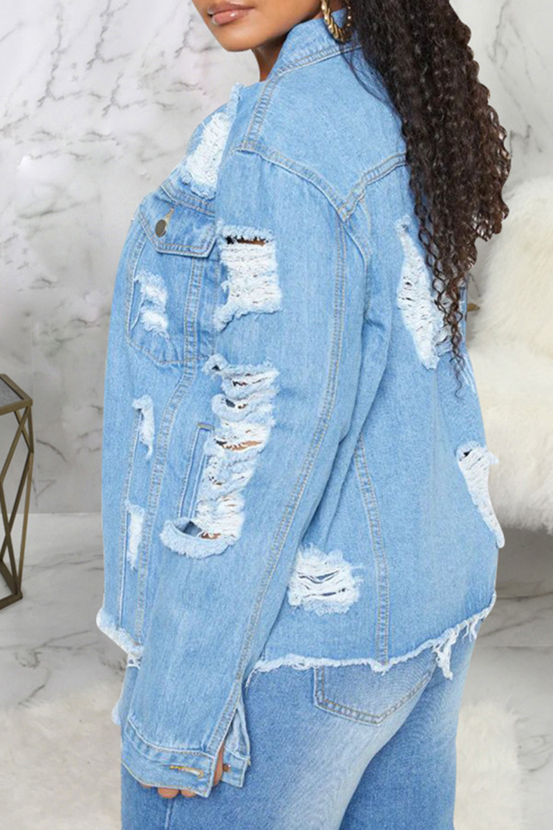 Casual Solid Ripped Long Sleeve Straight Denim Jacket