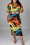 Sexy Print Hollowed Out Split Joint Metal Accessories Decoration O Neck Long Sleeve Plus Size Dresses