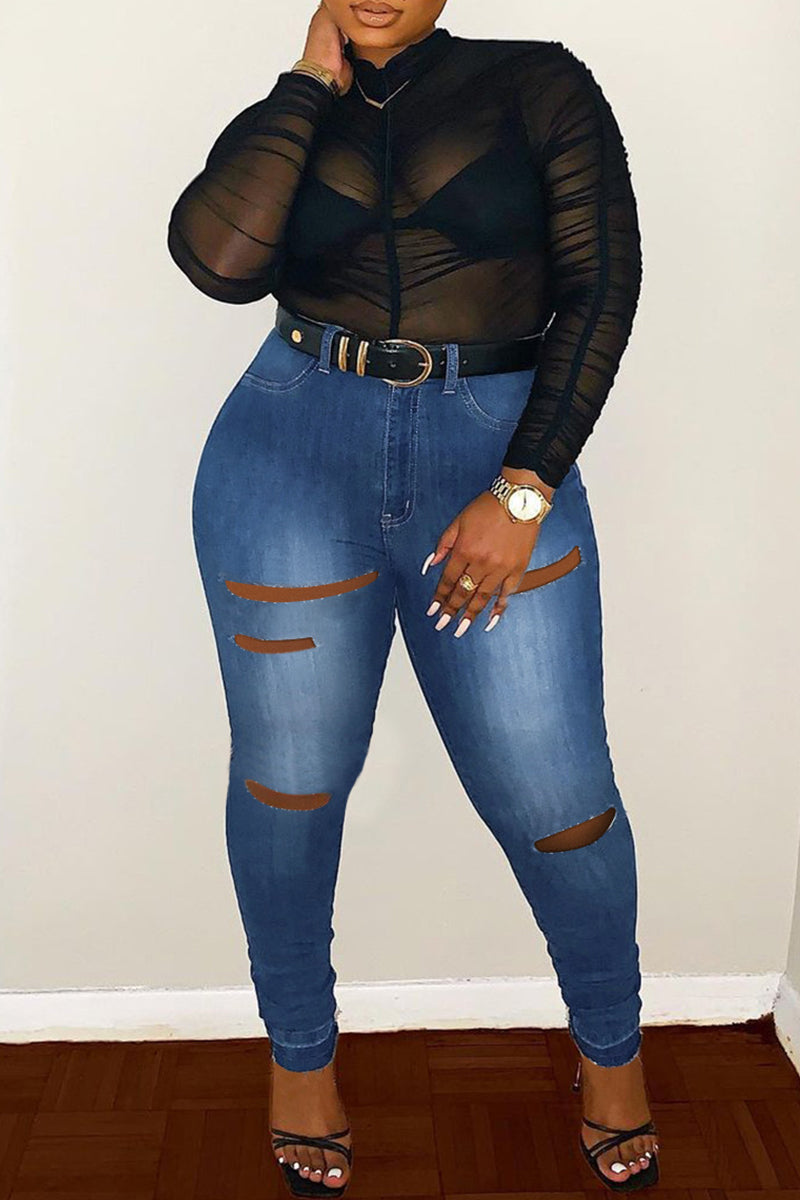 Fashion Casual Solid Ripped Without Belt Plus Size Jeans