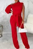 Casual Solid Patchwork One Shoulder Boot Cut Jumpsuits