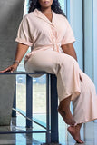 Fashion Casual Solid Bandage Turndown Collar Plus Size Jumpsuits