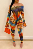 Sexy Print Split Joint Off the Shoulder Skinny Jumpsuits