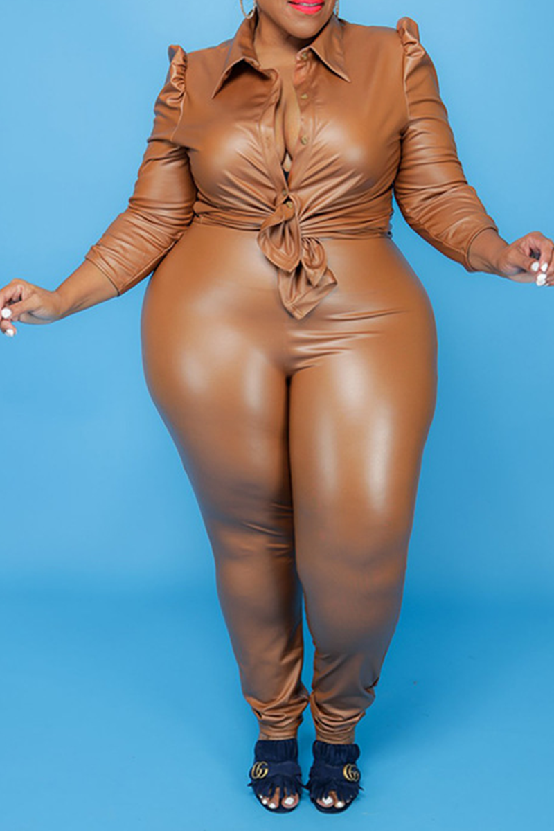 Sexy Solid Split Joint Turndown Collar Plus Size Two Pieces
