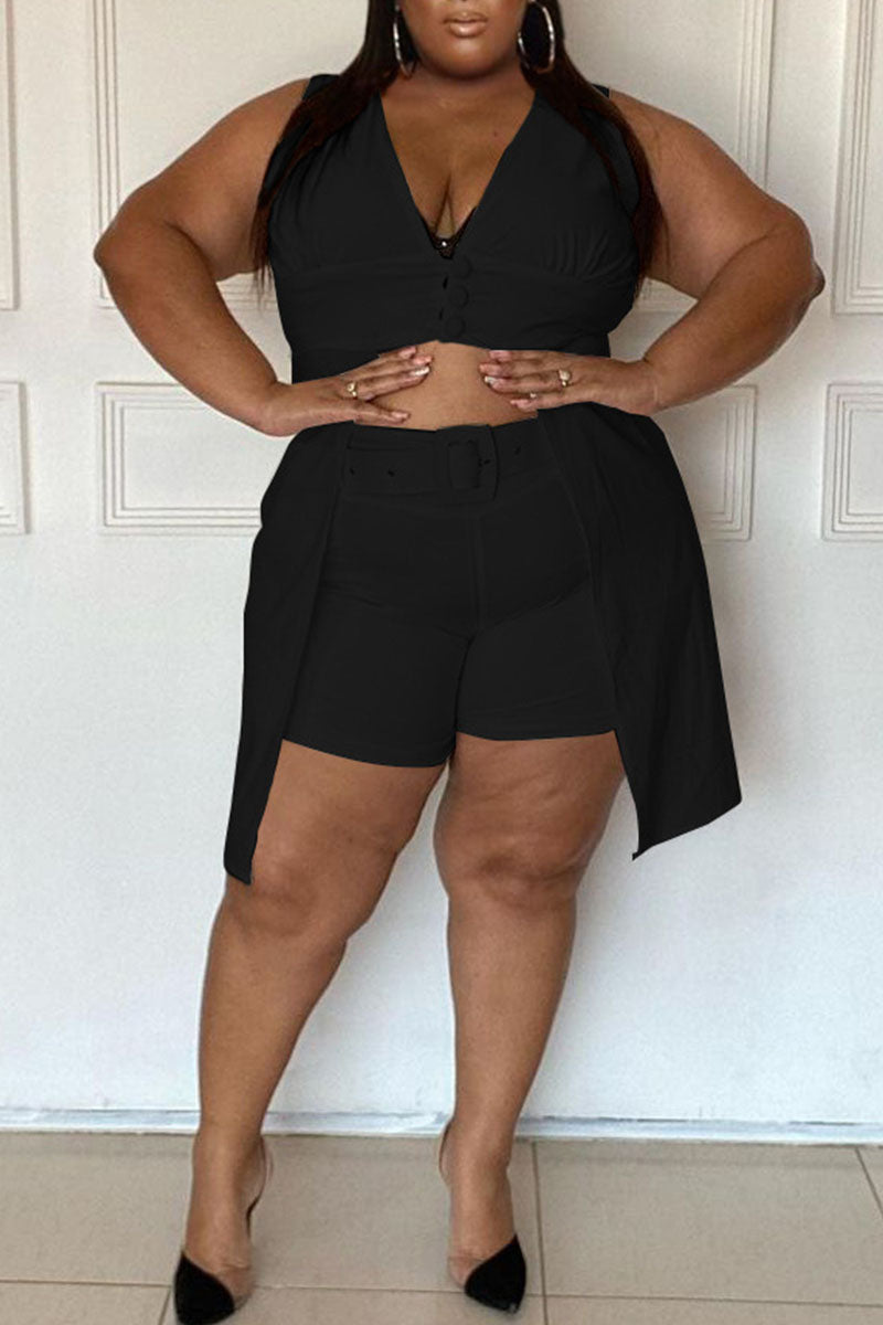 Sexy Solid Split Joint Buttons Asymmetrical V Neck Plus Size Two Pieces(Without Belt)