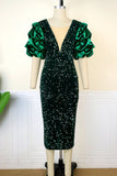 Elegant Solid Sequins Patchwork Fold V Neck Evening Dress Dresses
