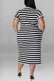 Casual Striped Print Patchwork Slit O Neck Straight Plus Size Dresses